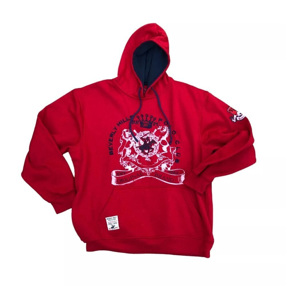 BEVERLY HILLS POLO CLUB Rugby Hoodie Sweatshirt Men's LARGE Red Pullover Sweater